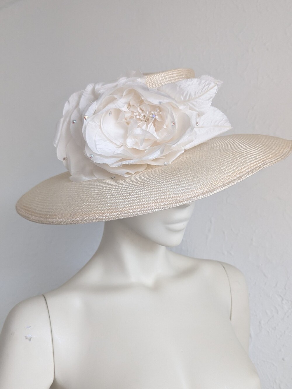 Vintage Joe Bill Miller Off-White Huge Crystal Studded Silk Flower Straw Hat